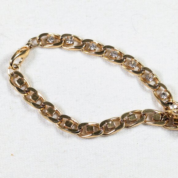Gold toned curb link chain bracelet with clear rhinestones - Picture 3 of 5